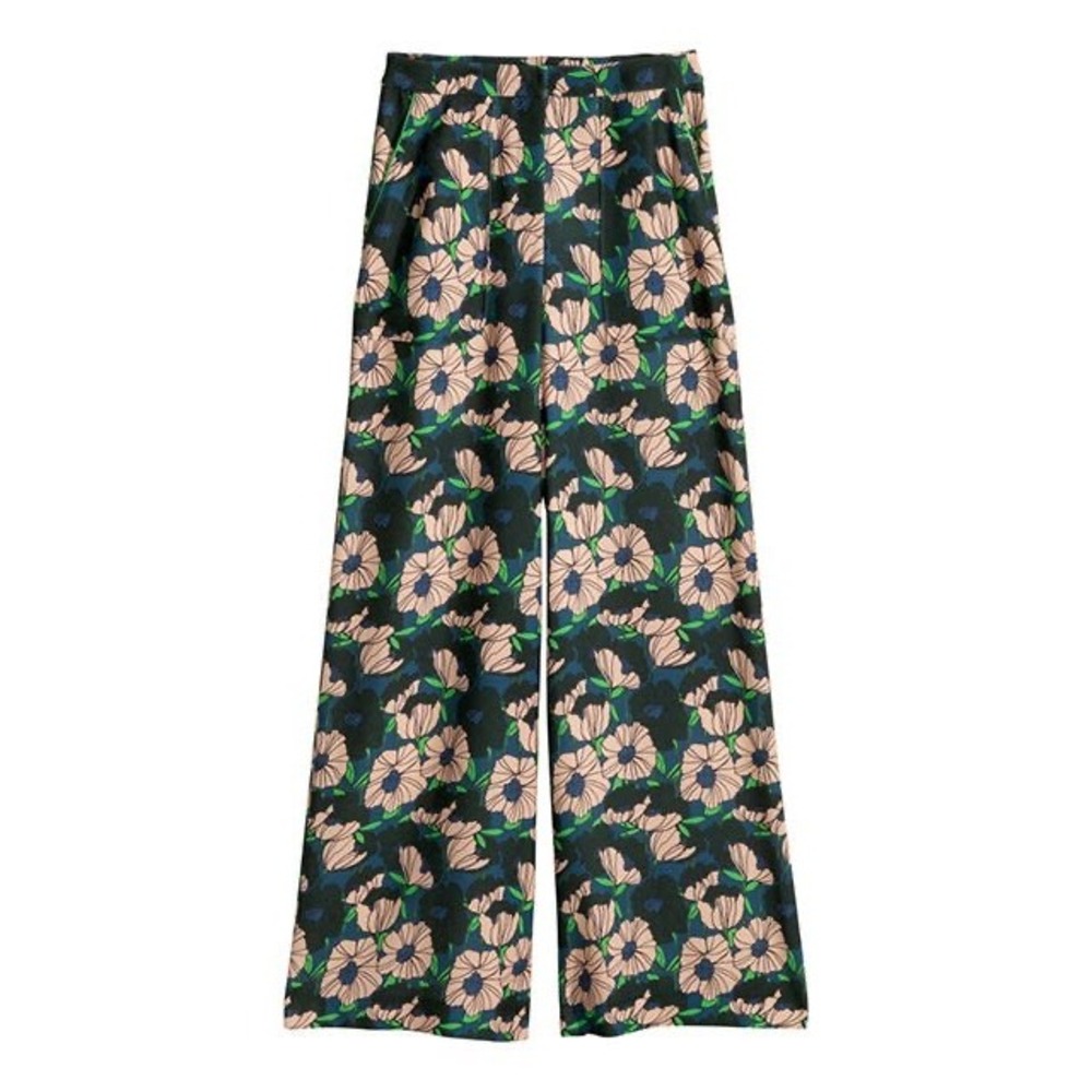 H&M Women's 4 Pink Green Bold Floral Print High Waist Wide Leg Pants Trousers - Picture 2 of 15